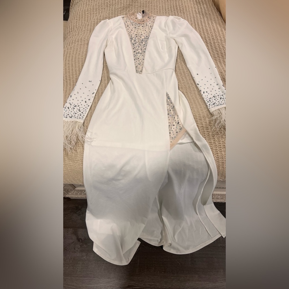 White Plunge Neck Bishop Sleeve Bridal Gown